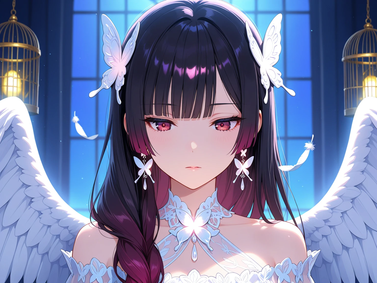 Long smooth straight black hair, inner colored dark-purple hair, golden eyes, elegant one-piece dress, masterpiece, super detail, best quality, 8k,semi-realistic
