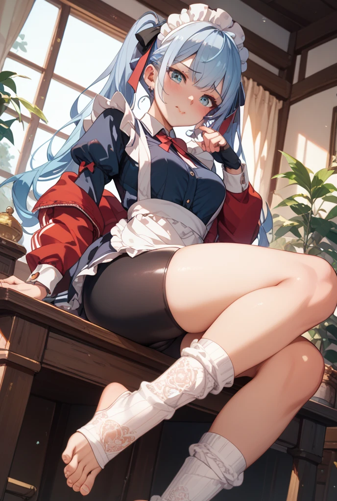An anime loli sits on a table in white tights and boots, looking down at the bottom with her feet in disgust,The perspective looks up from the foot