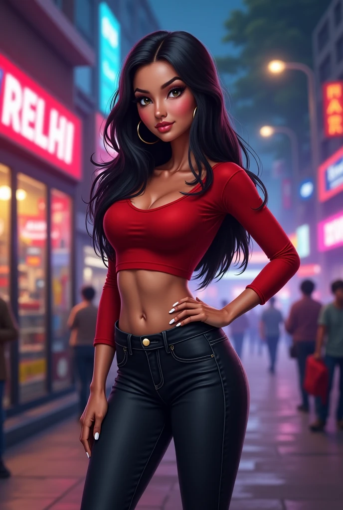 Ruby、(Fortnite)、One person、alone、Long Hair、Watching the audience、smile、Exposed breasts、Urban Background、Big Ass、Exposing shoulders、Tight shirt、Mouth 「Closed、Portraiture、red sweatshirt、pants that fit snugly against the skin、Red Bikini、Fascinating、Realistic,Highest quality,masterpiece,Super detailed, Ultra-high resolution,Extremely detailed、8k,Ultra-high resolution