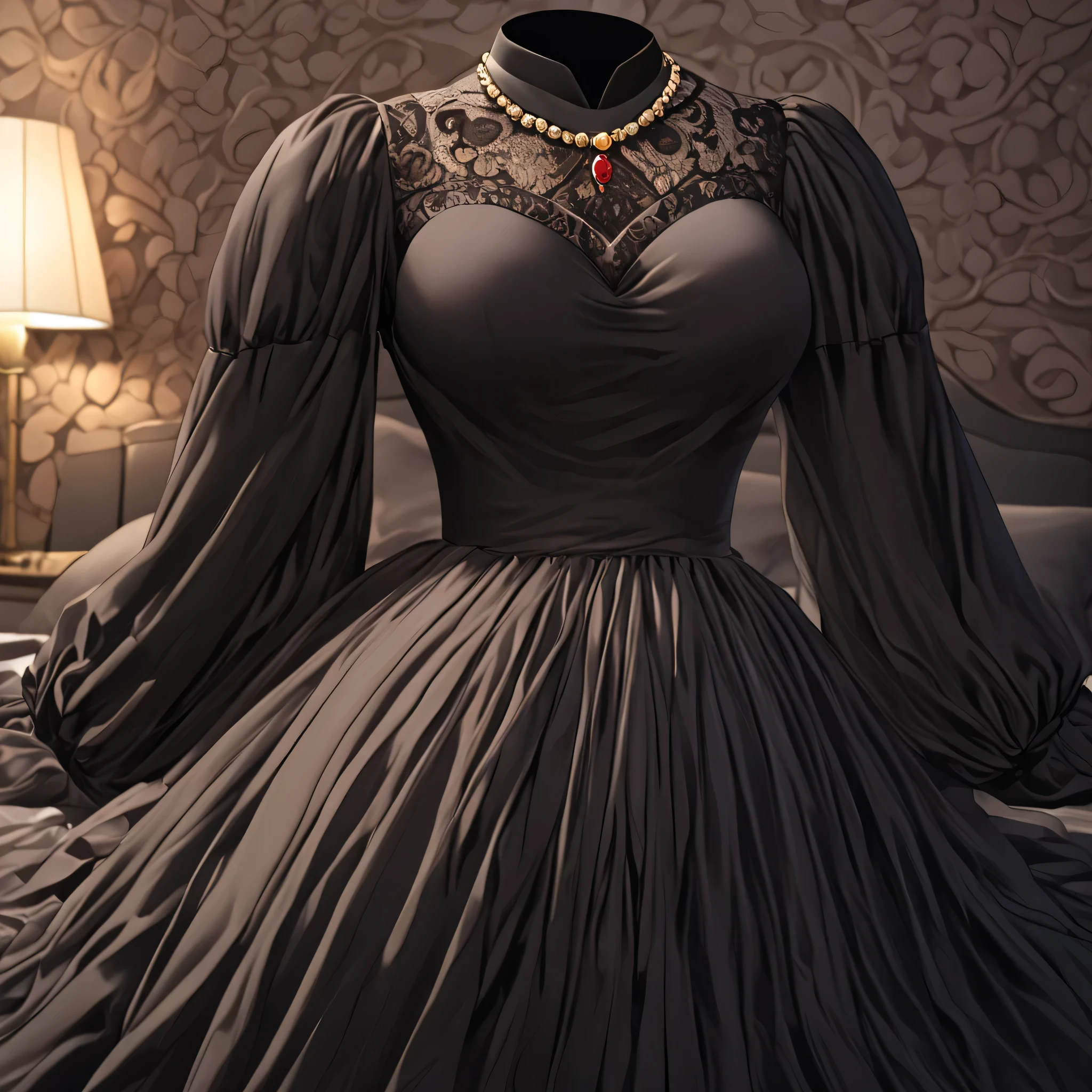 black dress, dress, long dress, long sleeves, juliet sleeves, on bed, (invisible:1.5, no humans:1.5, headless:1.5, faceless:1.5), cute big huge breasts, detailed cloth texture, extremely details, close-up to breasts, (Best-quality, Masterpiece, Ultra-High-Resolution)