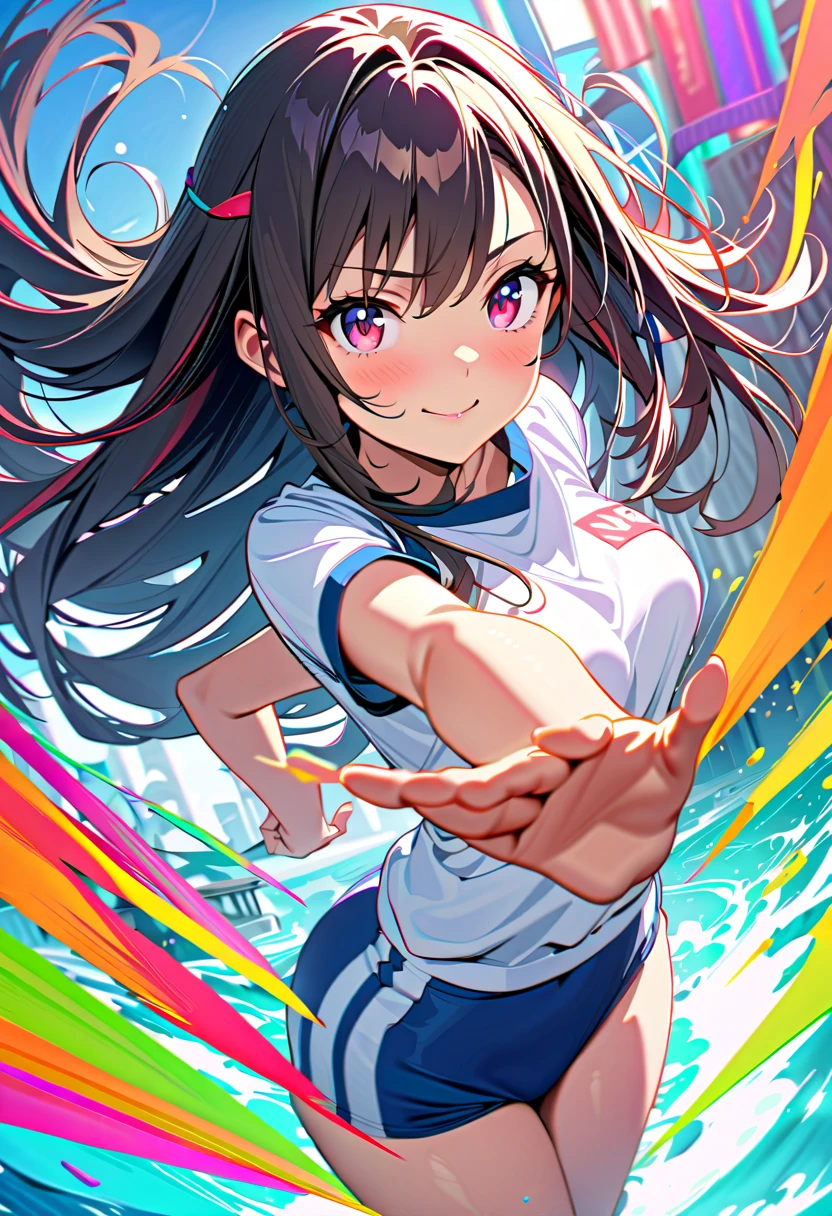 black long hair, blunt bangs,((Jet black, Jet black hair: 0.7),(ultra-detailed eyes, beautiful and detailed face, detailed eyes: 0.9), ,((full shot)), , longeyelashes, beautiful hair, beautiful face, beautiful detailed eyes, beautiful clavicle, beautiful body, beautiful chest, beautiful thigh, beautiful legs, beautiful fingers, ((((Piernas ultra detalladas)))), (((cintura ultra detallada)))), unity 8k wallpaper, anatomically correct, (((masterpiece))), (((best quality))), (((ultra detailed))), (((high-resolution))), ((super fine illustration)),Ultra-detailed photography with great depth of field, detailed eyes, ,small breasts,, (masterpiece:1.2) 、8k, RAW Photos, highest quality, masterpiece, Realistic, Photorealistic, (1 Ultimate beauty), 18 years old, Highly detailed face,Detailed eyes, double eyelid, eyelash, Grin, Lip details, ((sky-blue volleyball uniforms)), ((red bloomer))Soft Light, ((Written boundary depth)) 、Shot in the back、Total、Stick your butt out、With legs open、Slender body、 volleyball coat,、ponytail