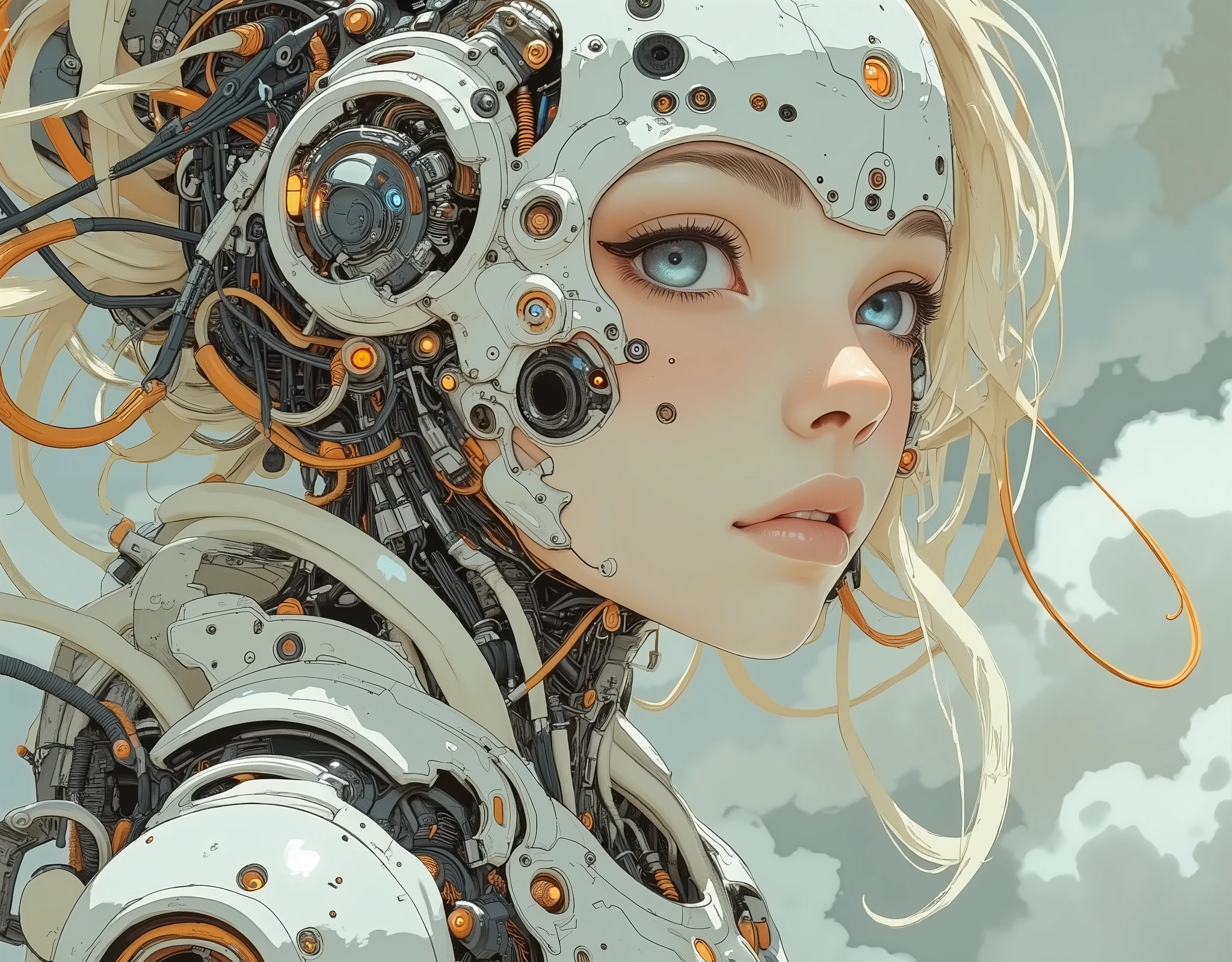 anime style、x} Closeup of a futuristic cyborg woman. she has white mechanical structure and、It combines organic elements such as facial skin and hair. Machine Elements :• Her head is covered with something like white armor, adorned with intricate wiring, small orange accents, Geometric Model. • Similar mechanical structures can be seen around the ears and neck, It exposes the internal black mechanism and orange cable. • Several white tubes extend radially from the head. organic elements:• her face is smooth, with human-like skin、has a pale pink color. • her eyes are bright light blue、Has a Serious Expression. • Her hair is a mix of white and light yellow, some of them flow through mechanical structures, and some of them stick out. overall impression : the overall image is fascinating and mysterious, combines advanced technology with human beauty. has cyberpunk and sci-fi elements. The background is blurry, and the focus is on the person.