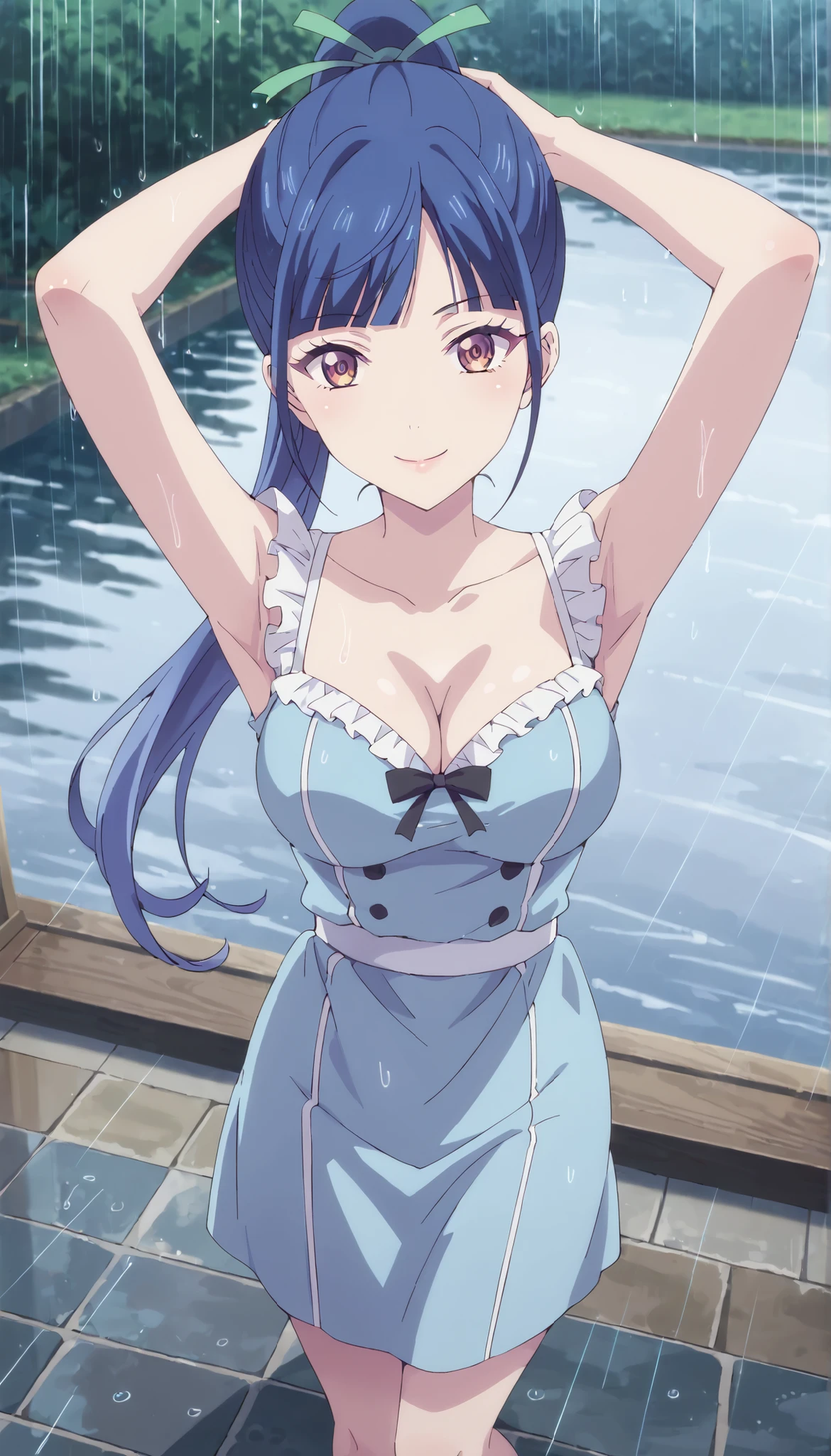 1girl, nsfw, hotaruXL, SHIDARE HOTARU, PURPLE HAIR, HAIRBAND, HAIR FLOWER, HAIR ORNAMENT, BLUE EYES, SHORT HAIR, F empty eyes, large breasts, nipple, Walking, Cooking Classes, frozen, Wet, crying, Naked, (1girl) Blank look, Peeing, lactation, projectile lactation