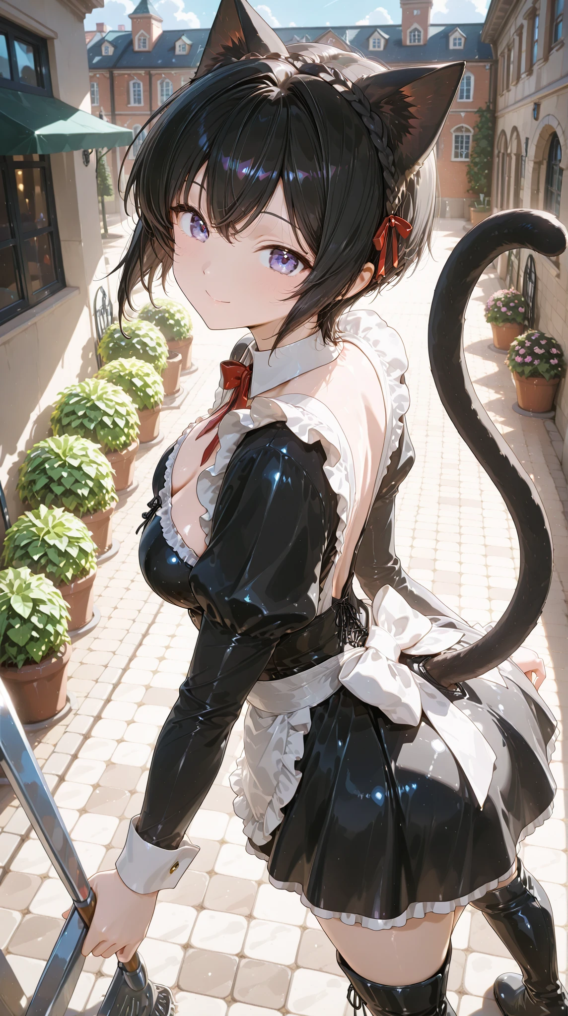 (tall woman),(short shiny black hair),(cat ears),(furry cat ears),(giant eyes),(embarrassed),(maid clothes),(short maid clothes),(light skin) ,(huge breasts overflowing the uniform),(perfect waist 0.8)
