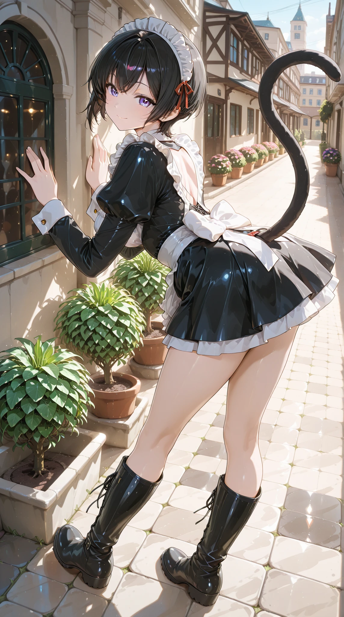 1girl, solo, multiple colored hairs, maid, black cat tail, smile, black thighhigh, leaning forward, outside, charm posing, paw stamps background, upskirt, (view from behind), (dildo in anus), (dildo in pussy), anal juice, pussy juice,