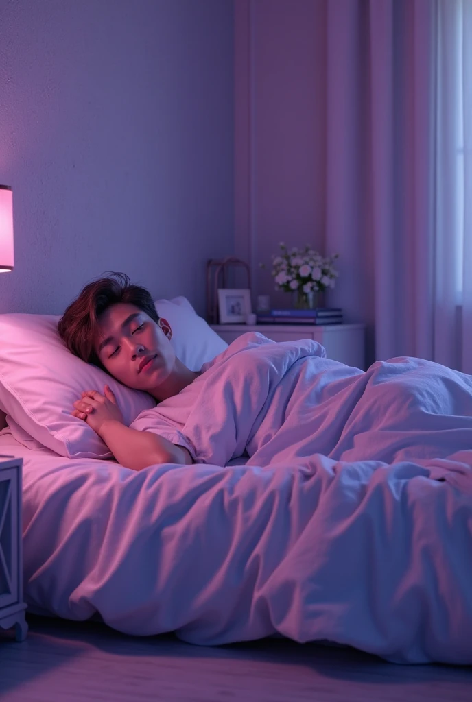 Anime boy sleeping on his bed, there is a phone and laptop lying besides him , he has a gaming pc setup beside him and there is written od_ inspire  on the wall,make more aesthetic 