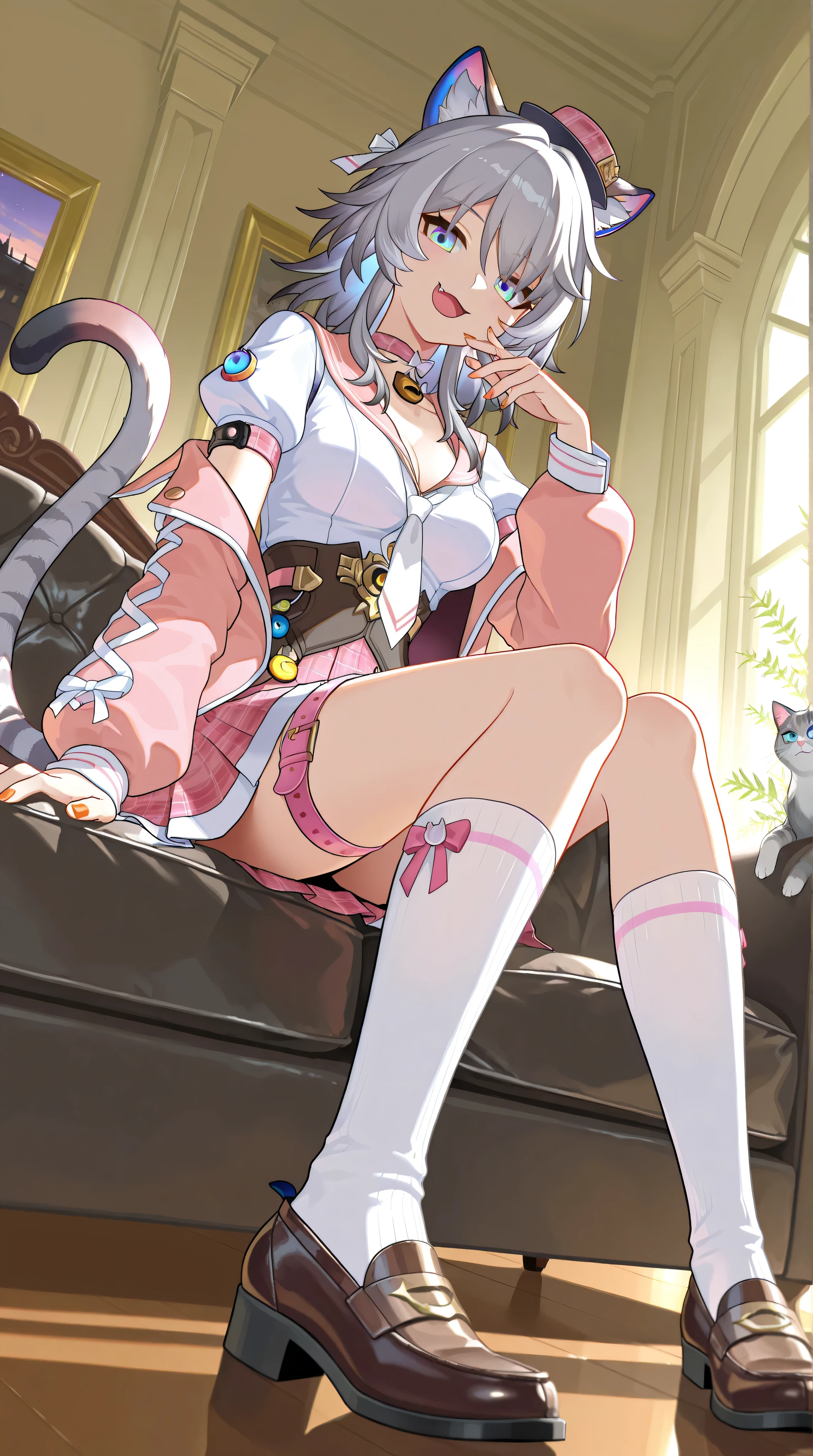Cipher from Honkai:star rail,silver hair,Slightly messy hair,medium hair,grey cat ears,cat tail,blue eyes,cat ears,cat girl,tiger tooth,medium breasts,shallow cleavage,blue eyes,orange nails,pastel pink sailor collar blouse, white ribbon necktie, short puffed sleeves, contrast navy blue trim, high-waisted pleated skirt, lavender-pink-white simple plaid pattern, mid-thigh length, elastic waistband with side adjuster, off-white scrunched knee-high socks, thick cotton material, casual rolled-down tops, schoolgirl-style loose fit, dark brown leather loafers, chunky soles, metal buckle detail, pastel purple and sky blue barrettes, mini sailor hat with pink bow, pale pink elastic thigh bands, matching plaid hair ribbon, pink satin ribbon choker,Unbutton the shirt and jacket to show the cleavage
full body shot,from_below,one hand in a V shape,The other hand is resting on the cheek,fang,playful smirk,open mouth,sitting on sofa,inroom,midnight,In the bedroom,background warm atmosphere,look directly into the camera,one foot is closest to the view,mansion, luxury room, luxury sofa,detailed background,Upper body weight forward,((The focus of the picture is on the character's expression and foot)),The details of the shoes and socks are clearly visible,(Highlight the reflection of the shoe surface and the creases of the socks),Highlight in the eyes
