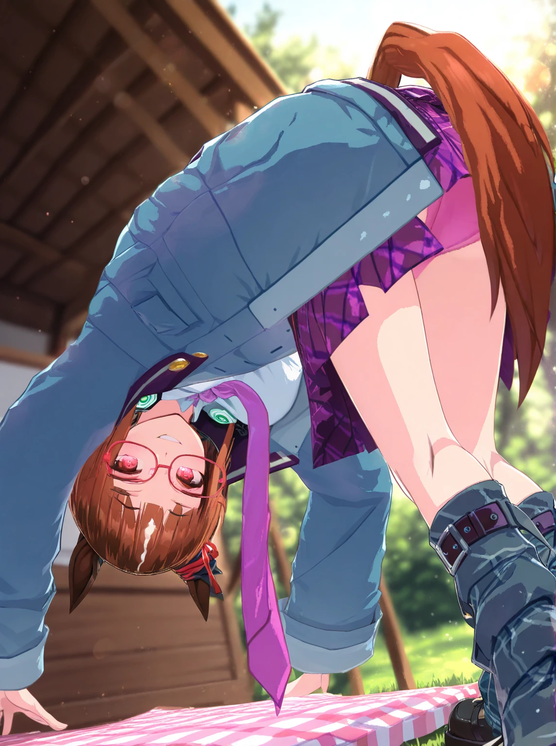 masterpiece, best quality, , small ass, climbing, torn skirt, bare ass, no panties, ginger hair, green eyes, cute, bite marks, torn black socks, red sneakers, red backpack, (ass bitten by wolf), blush, embarassed, looking back