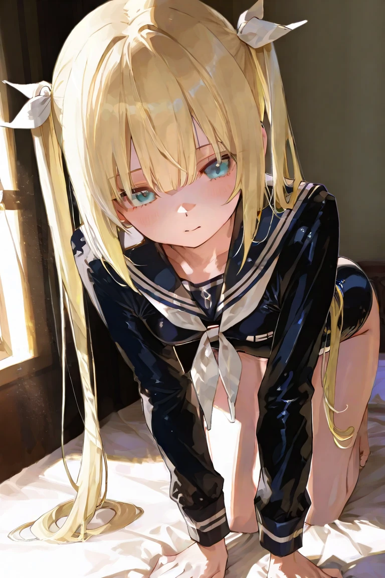 highest quality,sleep on your back in bed，Crab crotch，show me your boots，thigh high boots，leotardチラ見せ，glove，elegant, 1 girl, leotard，body suit，cute, blushed, looking at the viewer, from below, prison，blue eyes, beautiful eyes, beautiful background, particles of light, Light of the sun, dramatic lighting, outside, shiny, realistic, table top, highest quality, Super detailed, get used to it, scenery, beautiful and detailed eyes, thin hair，full body shot，
