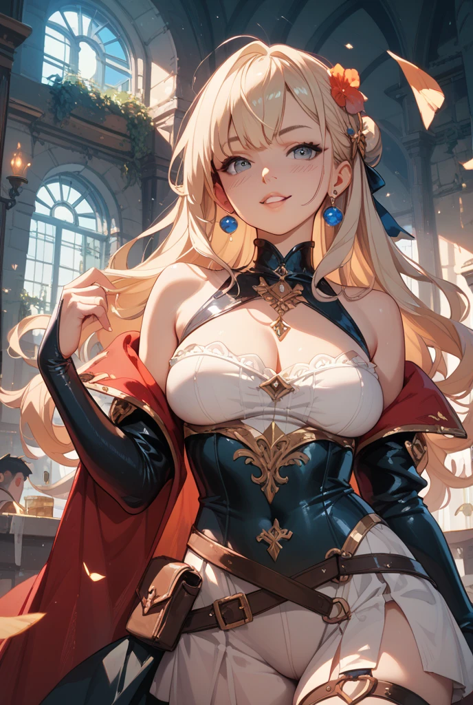 最high quality、best image quality、masterpiece、teenage girl((20-year-old、 By becoming、vest bust、medium bust,wide open breast tea、shining eyes, blonde hair、long hair、thin,highest valley、ponytail、bartender costume skirt、holding a wine bottle、smile、black gloves、chest holder、breastfeeding、leaning forward)),high quality、beautiful art、background((night bar))debris flies、Depth of written boundary、movie、visual art、perfect art、8k,genuine、