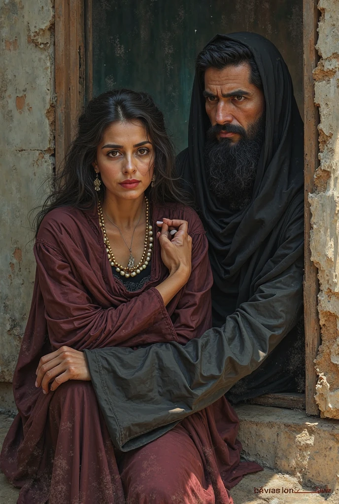 Couple both handsome and embracing she in front of him man short black hair and beard strong body wearing Arab clothes covering his hair (don't let him have Arab features)
the woman (face with Italian features, blonde hair loose and wavy, plump mouth) don't let the woman have Asian features