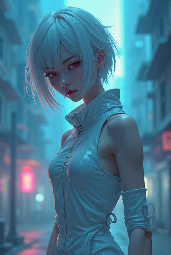 cyberpunk edgerunners, 1girl, lucy (cyberpunk), bare shoulders, blue eyes, breasts, leotard, looking at viewer, medium breasts, off-shoulder jacket, off shoulder, red eyeliner, short hair, sleeveless turtleneck leotard, solo, turtleneck leotard, white hair, ((masterpiece)) (best quality, masterpiece)