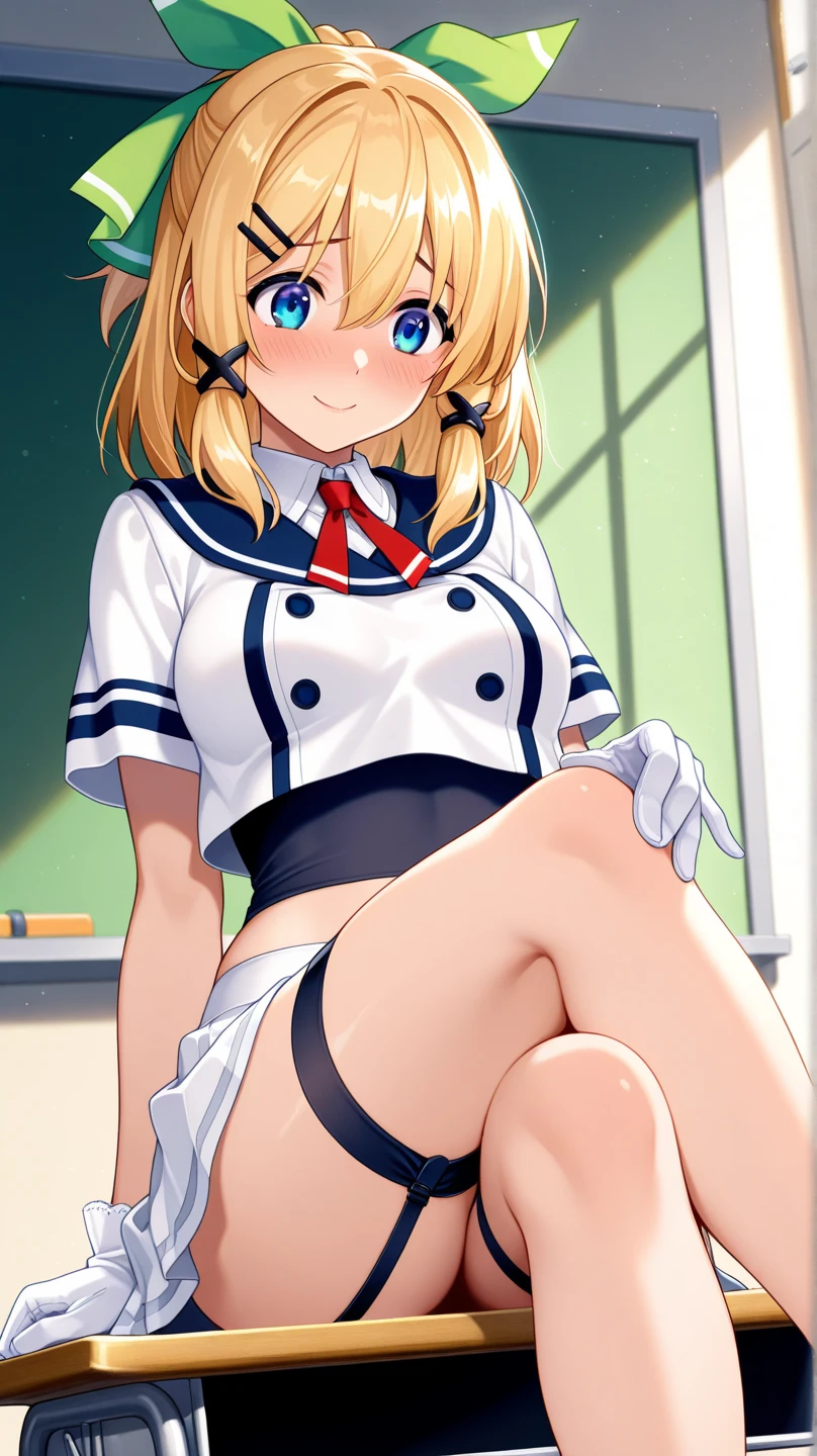 (((1girl))), ((best quality)), ((masterpiece)), ((ultra-detailed)), (illustration), (detailed light), (an extremely delicate and beautiful), (beautiful detailed eyes), (sunlight), ((extremely light)), ((extremely clothes)), (((hyper detail)))
(((sailor uniform and a brief pleated skirt))),
,
((wavy short manisy bob)), ((((yellow gold hair)))), (((short hair))),
(((deep red eyes))),
(((whole body))), aged 13 to 16,
(((condescending expression))), (mischievous smile with sexual satisfaction), (((extra adorable))), (((extra slender shape))),
(((extremely beautiful detailed face))),
(((sitting on the sofa on her knees))), (((((Dutch angle))))),
((exposed pale pink panties)), (),
(((extremely thin thighs))), (((white stockings)))