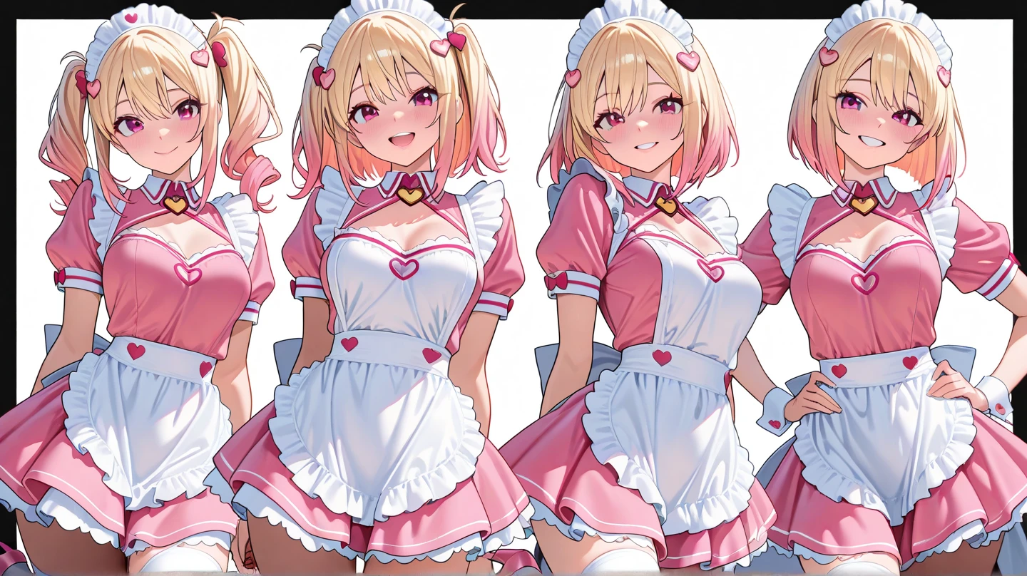 masterpiece、highest quality、Ultra-high resolution、Maximum resolution、Very detailed、Professional Lighting、anime、Adult women、thin、so beautiful、Beautiful face、Maid clotheini skirt、((Pink and white armor))、Shiny Armor、have a bow、Golden earrings、Blonde、purple eyes、Pink Lips、