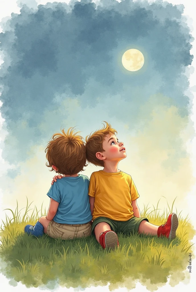 two boys, both exploring a night scene full of wonders. Add a starry sky with smiling stars, and put a friendly moon watching the scene with an affectionate look. Ademais, Insert a translucent spirit, Friendly and bright appearance, as a magical guide on the characters' nightly journey. Use a palette of soft and vibrant colors to create a cheerful and magical environment, Perfectly suitable for children. Let your creativity flow and capture the sense of adventure and mystery.