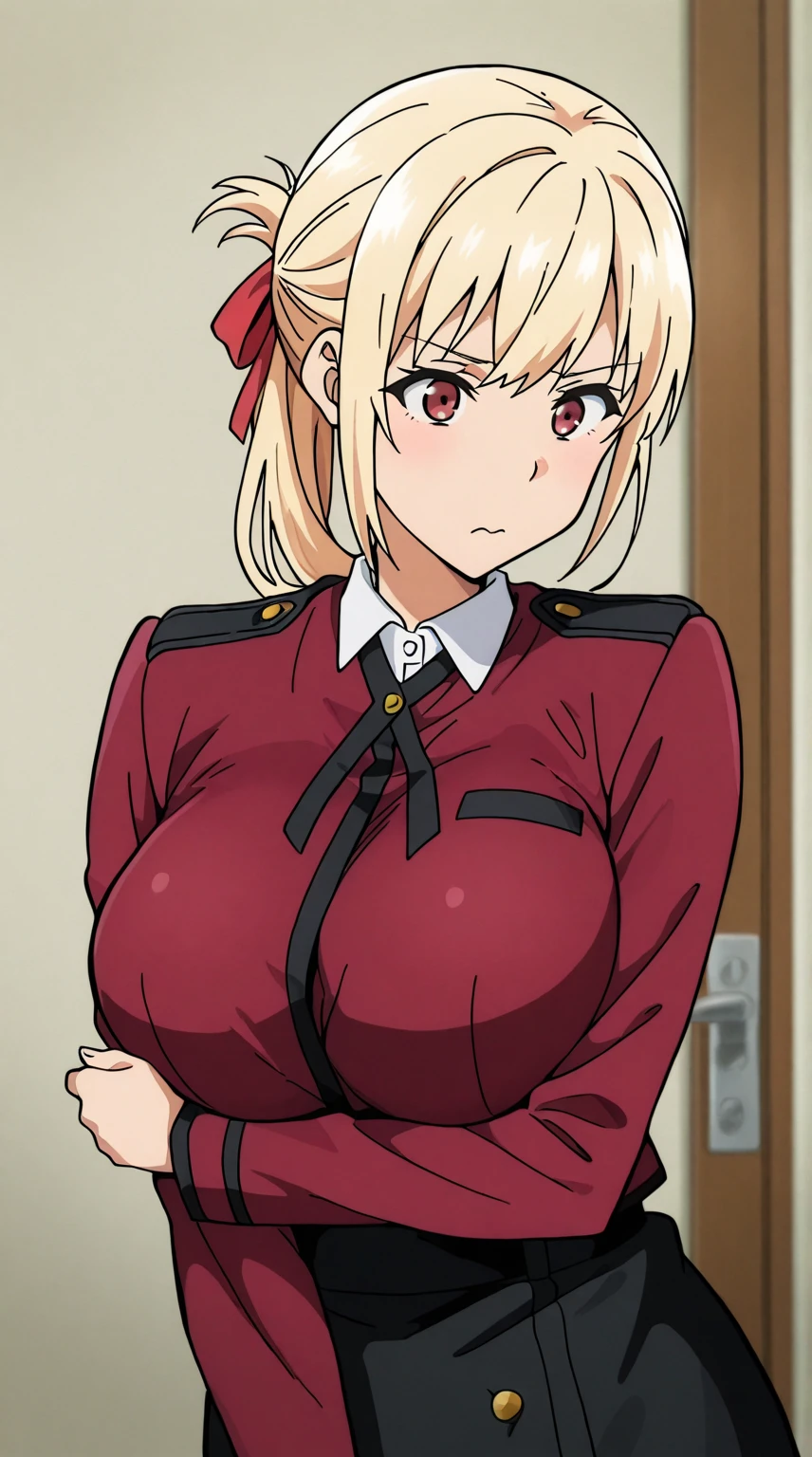 masterpiece, ultra-detailed, illustration, game cg, best quality, highres, kitagawa marin, 1girl, short fluffy blonde hair, swept bangs, gradient hair, red eyes, glossy lips, light smile, blush, large breasts, hat, red puffy miniskirt, white blazer, red thigh boots, changing room, looking back at viewer