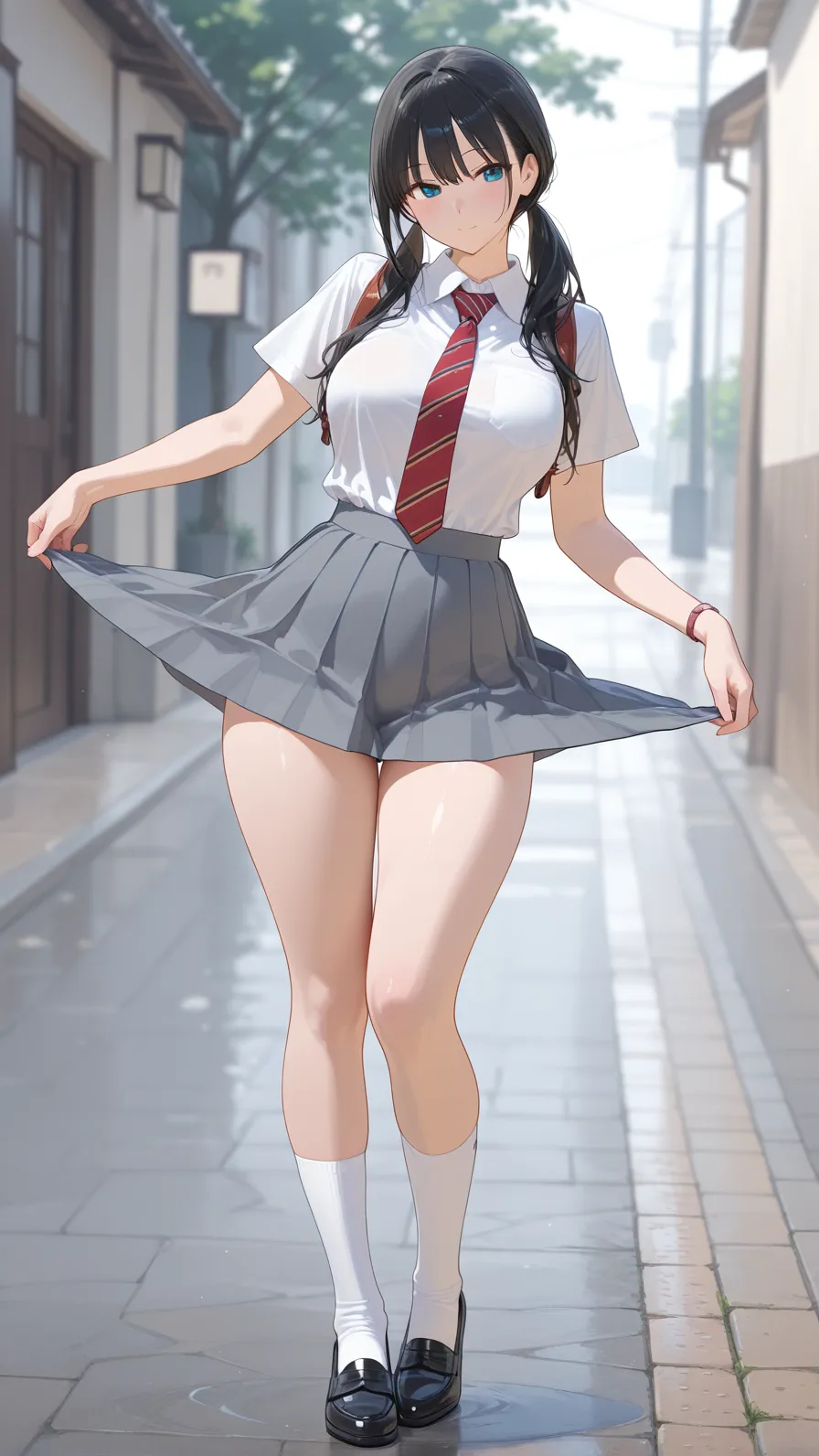 masterpiece, best quality,4girl,young girl, plum_pie eyes, brown, choppy bob,envious _face,shiny skin,medium breasts,nice leg line:1.3,thick thighs, thin waist,school uniform, thighhighs,necktie,((pencil skirt)),red color high heels, pantyhose, , Pathway_lined_with_blooming_cherry_blossom_trees,,looking at viewer,from below,full body, legsupsexms,