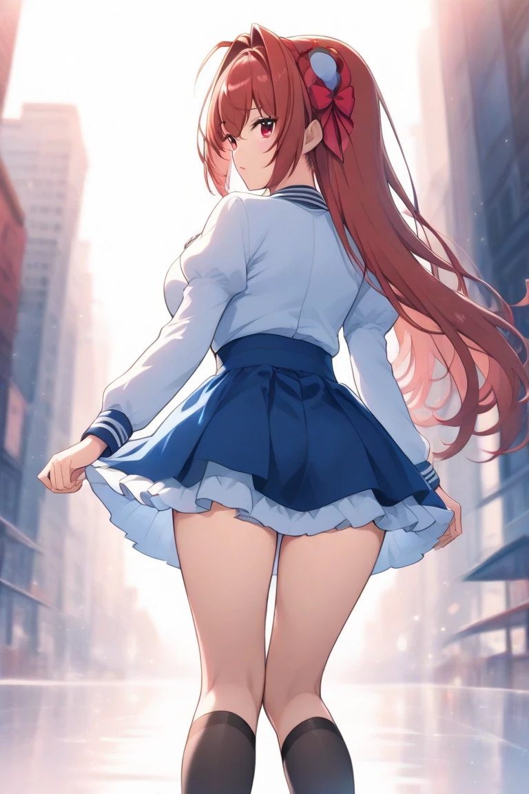 top-quality、Girl showing panties with angry face、In the street、Eyes from below、