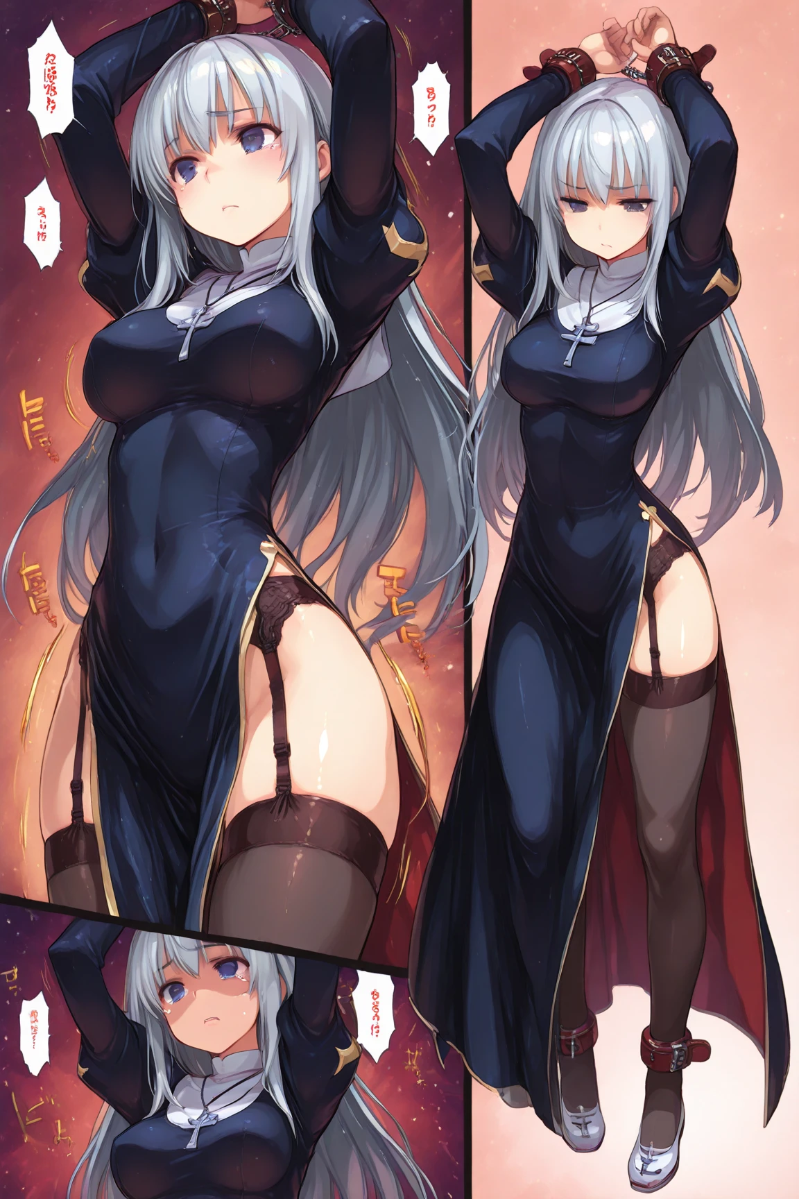 best quality, muste piece, game cg,two anime characters laying next to each other in the same room, with one with black braids and one in a golden colored dress, heterochromia, 1girl, dakimakura (medium), censored, nipples, character censor, multiple views, barefoot, blush, navel, long hair, lying, smile, yellow eyes,
