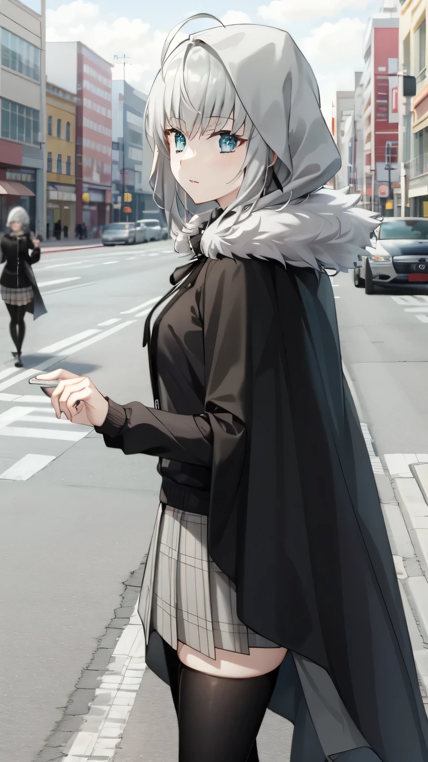 {{{masterpiece}}}, (best quality:1.5), (ultra-detailed:1.5), {illustration}, {{an extremely delicate and beautiful}}, (beautiful detailed eyes:1.6), absurdres, highres, extremely detailed face, 16k, hd, visual anime de uma jovem mulher, extremamente bonito rosto de anime, anime melhor garota, (perfect hands, perfect anatomy), anime face, gray(Fate Grand Order), 1gril, solo, cute face, short hair, grey hair, ahoge, hair ribbon, bangs, sidelocks, blue eyes, medium breasts, big hips, curvaceous, BREAK, black cape, long cape, hood, {{hood up}}, gray collar, fur collar, black ribbon, black shirt, long sleeves, black sleeves, plaid skirt, pleated skirt, grey skirt, miniskirt, black thighhighs, black footwear, thighs, zettai ryouiki, BREAK, 1girl, solo, looking at viewer, outdoor, storefront, car, road, real world location, traffic light, outdoors, street, crosswalk, building, city, sign, sky, scenery, road sign, cloud, multiple boys, night, moonlight, detailed background, (bust shot:1.5)