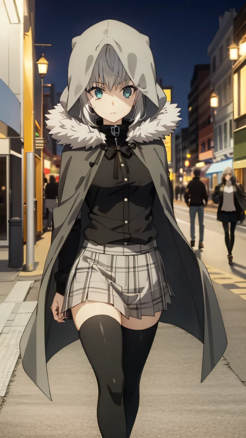 {{{masterpiece}}}, (best quality:1.5), (ultra-detailed:1.5), {illustration}, {{an extremely delicate and beautiful}}, (beautiful detailed eyes:1.6), absurdres, highres, extremely detailed face, 16k, hd, visual anime de uma jovem mulher, extremamente bonito rosto de anime, anime melhor garota, (perfect hands, perfect anatomy), anime face, gray(Fate Grand Order), 1gril, solo, cute face, short hair, grey hair, hair ribbon, bangs, sidelocks, blue eyes, medium breasts, big hips, curvaceous, BREAK, black cape, long cape, black hood, {{hood up}}, gray collar, fur collar, black ribbon, black shirt, long sleeves, black sleeves, plaid skirt, pleated skirt, grey skirt, miniskirt, black thighhighs, black footwear, thighs, zettai ryouiki, BREAK, 1girl, solo, looking at viewer, outdoor, storefront, car, road, real world location, traffic light, outdoors, street, crosswalk, building, city, sign, sky, scenery, road sign, cloud, multiple boys, night, moonlight, detailed background, (bust shot:1.5)