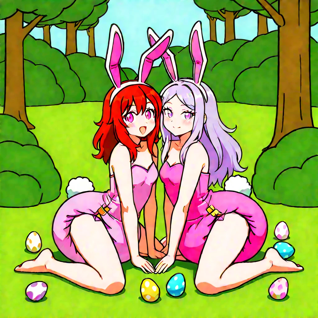 (masterpiece, best quality:1.4), (8K), Young blonde beauty, (((2 girls in love, 18 years old, neat girl))), detailed blue eyes, long eyelashes, blush, kind smile, horny, upper body, topless, small ass, slender thin legs, vagina, pink skirt, (looking at viewer), beautiful blonde hair, white-skinned, bangs, pigtails, touching  (small size breasts), (mushroom forest, celestial forest, beautiful and magnificent pink sunshine, majestic sky), natural light, pastel colors)