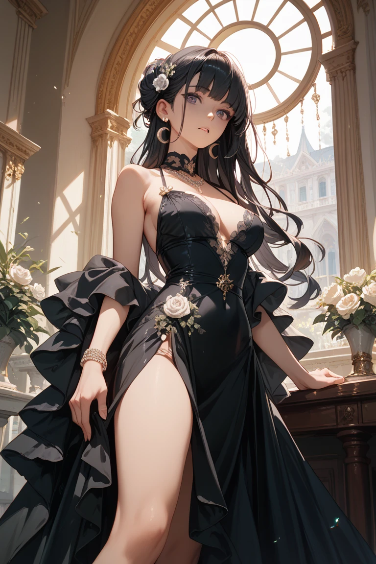 A woman wearing a luxurious white wedding dress, silver flowers in the hair, wedding dress, spaghetti strap, sleeveless dress, silver earring, jewelry, hair ornament, red eyes, smiling, ahoge, big breasts, black hair, long hair, exposed thigh, standing in a luxurious garden, mansion in the background, lawn on site, some trees around, perfect face, perfect eyes, perfect smile, place of day,,UHD , prime work , accurate , anatomically correct , textured skin , super details , high quality , best quality, 8k, high resolution, bokeh effect. (woman alone), realistic, close view.