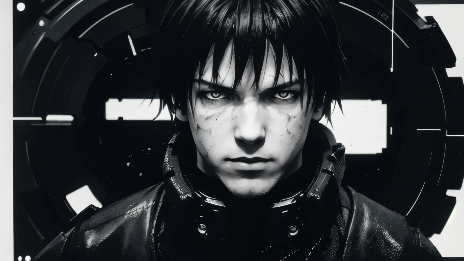 medium shot, 35mm lens,upper body,solo,blame, tsutomu nihei, by tsutomu nihei,movie, killy, cibo, GBE,1boy, killy, ova, short hair, black hair,a lone male cyberpunk warrior, (aiming a high-tech handgun:1.2), he stands amidst the ruins of mechanized structures,wearing modular black tactical armor with segmented plates, utility belts, pouches, and cables, high-detail textures, holding a compact futuristic handgun with red accents, short messy black hair, pale skin, emotionless and stoic expression, manga-style facial features, sharp eyes, realistic anatomical proportions, inspired by Tsutomu Nihei's BLAME!, ultra-detailed illustration, monochrome palette with red highlights, cinematic lighting, high contrast shadows, ink-style rendering