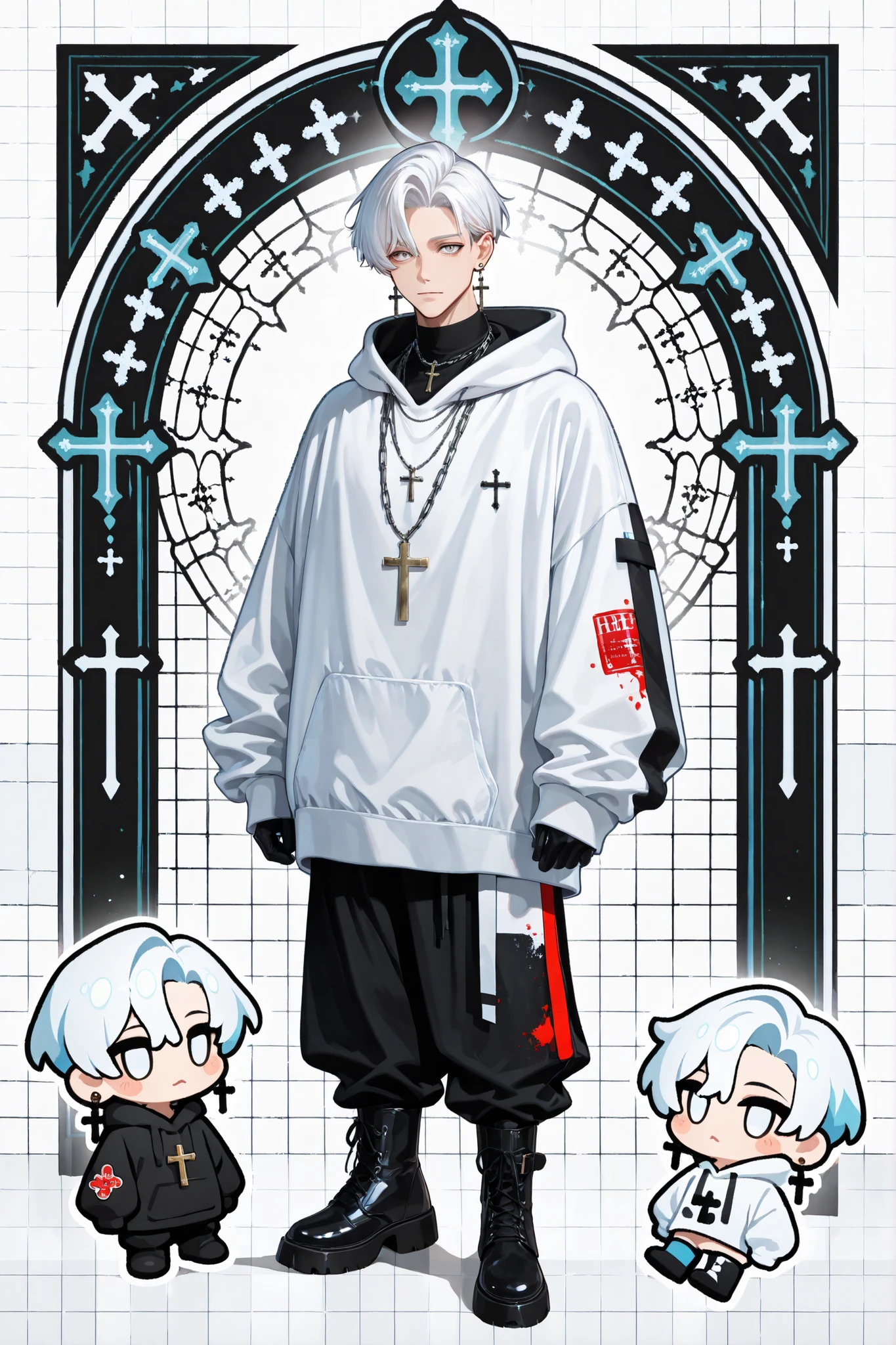 Male, single, handsome, fair skin, (white_hair:1.3), (bright_white_eyes:1.3), (priest:1.2), (cross_earring_right_ear:1.3), (cross_necklace:1.3), (multiple_rings), (oversized_hoodie:1.3), (vestment_pants:1.2), (boots:1.2), (chain_necklace:1.2), (gloves), (spotlight_effect:1.2), (church_background), (spray_paint_effects), (diary_sticker_cover_page), (rounded_rectangular_frame), (grid_background), (light_black_and_red), (vestment_top:1.3), (black_and_light_blue_colorblock:1.3), (chibi_style:1.2), (sticker_aesthetic), (glossy_sticker_effect), (HD:1.3)