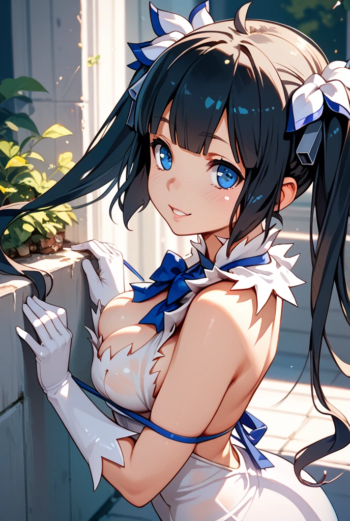 (masterpiece, best quality), intricate details,
1girl, solo, <lora:hestiatest:0.8> hestia, blue eyes, black hair, twintails, , barefoot, blue bow, blue bowtie, bow, bowtie, cleavage, cleavage cutout, clothing cutout, dress, gloves, pencil dress, (rei no himo:1.5), short dress, white dress, white gloves,