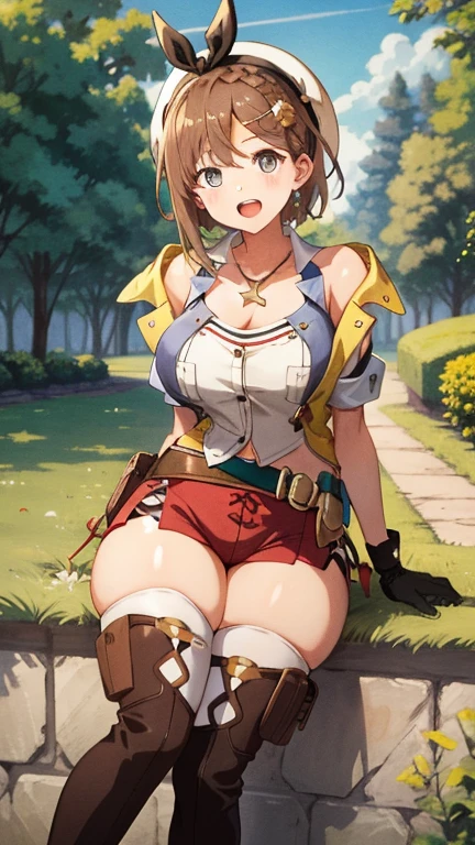 masterpiece,hentai anime character, I'm straddling a man's crotch, Ryza having intense cowgirl sex, (((Aggressive vaginal sex: 1.2))), favorite,Bounce and shake wildly,, 32K,Super detailed,Ultra-detailed,Big Breasts, Vibrant breasts, Short brown hair, shirt, Shorts, Red shorts, White Beret, Black knee socks, Ryza outfit, loungewear, {{A biological weapon that preyed on the sleeping Ryza and transformed into her appearance, Big  bouncing}}, Shake violently, Overall view, Town, NSFW