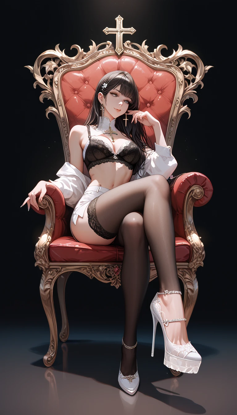 Sexy seductive lady, 30 years old, peach blossom eyes, smoky makeup, silk high-forked hanfu, stiletto heels, (bare legs), provocative expression, sitting on a throne, striped hair, black hair, moles under the eyes, makeup, anime style, seductive smile, kinky smile, chinese court, chinese feeling, lantern, chinese knot, uhq, masterpiece, , 8k, best quality, ccurate, anatomically correct, highly detailed characters, stiletto heels, bare legs, rounded smooth bare legs, (8k, original photo, best quality, Masterpiece,,:1.2),((character)concept art),Full body concept,fine details,Screen center,