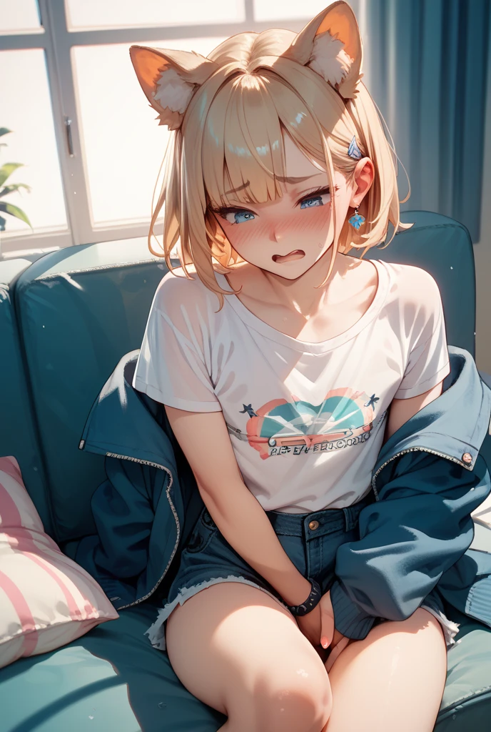 (at night),Highest quality, anime,Moe,Art Style,8K Konachan Wallpaper,Perfect Anatomy,,One girl, (:1.3),(high school student), (short hair), blonde hair, (hair over one eye:1.6),Complete limbs, Full Finger,Medium chest, (T-Shirt Bra:1.5),(Seamless Panties),(White panties),bottomless,Sit on the bed,Small eyes,Detailed eyes,Blue Eyes,Hair Clip,(barefoot:1.9),(wet hair:1.2), Super detailed,High resolution,Highly detailed skin,8K,(Cute illustrations:1.2), (indoor),(Cute Girl's Room:1.9)、,Pink Room,