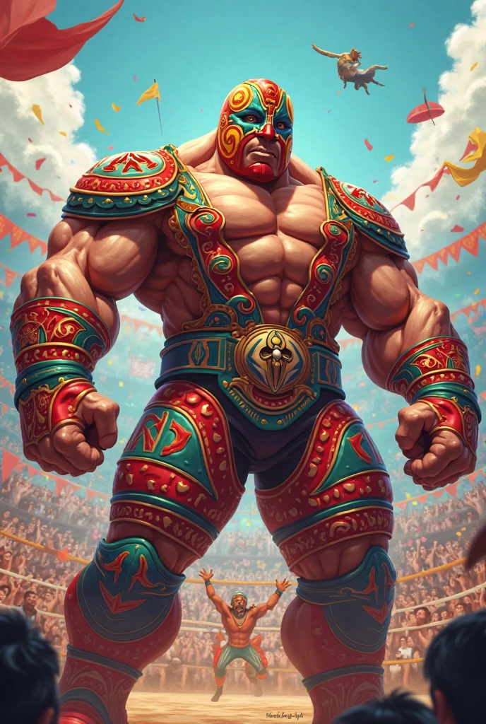Mexican fat figther of lucha livre with a big smile and a big mustache. One face