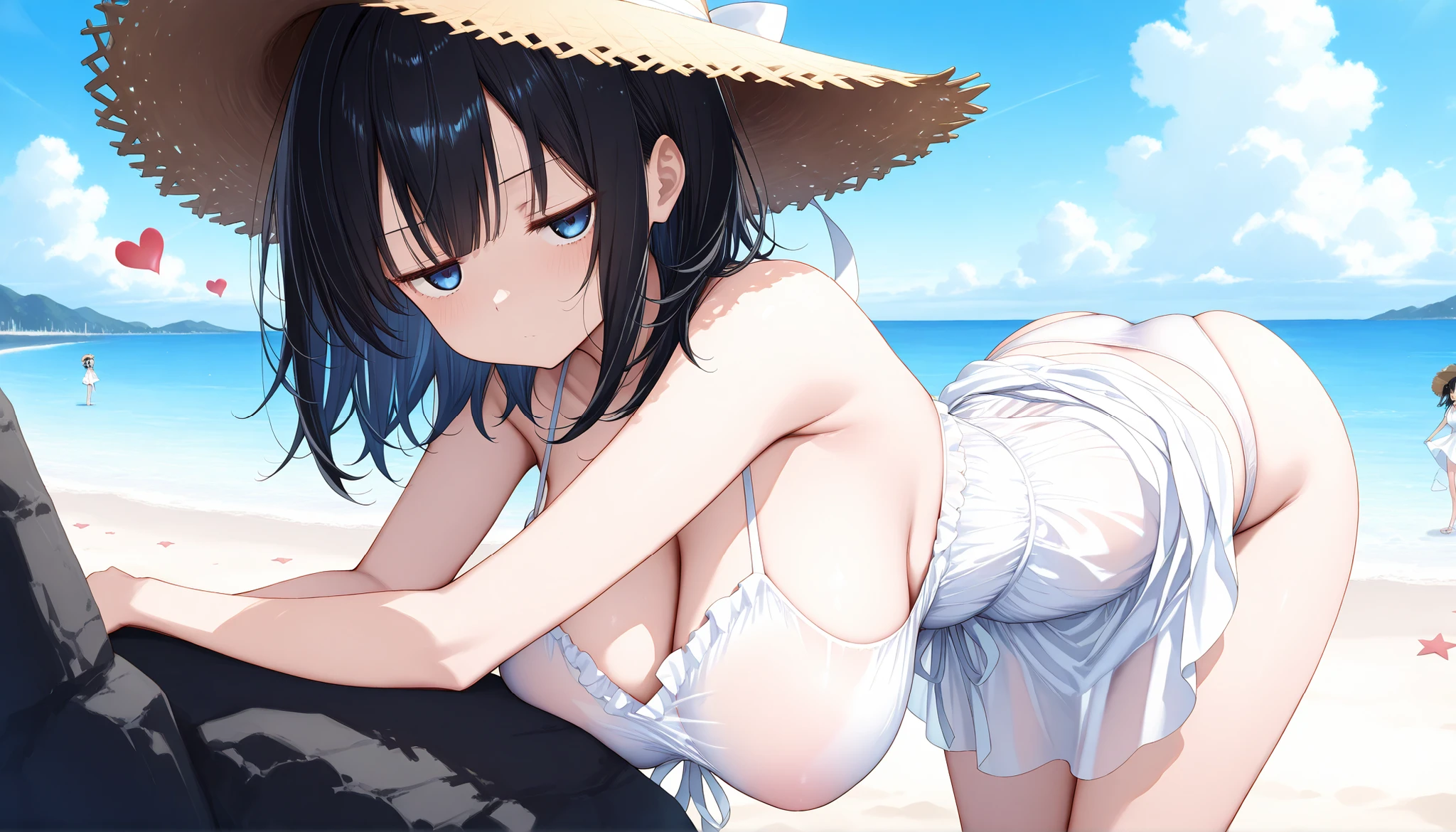 1girl, solo, long hair, breasts, looking at viewer, blush, smile, bangs, large breasts, black hair, red eyes, thighhighs, hat, dress, cleavage, bare shoulders, closed mouth, collarbone, sleeveless, indoors, white dress, wet, see-through, skindentation, sleeveless dress, all fours, fishnets, straw hat, fishnet thighhighs, wet dress