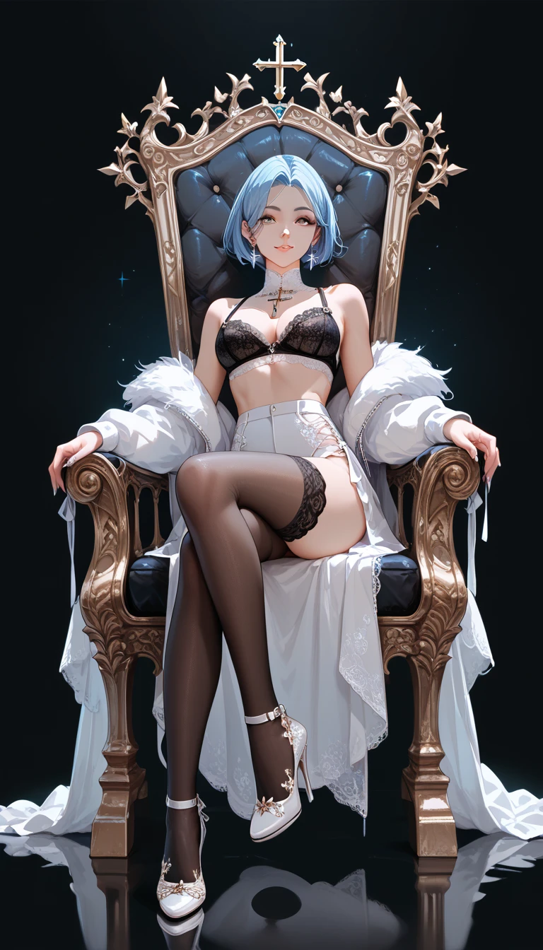 ((masterpiece,best quality)), 1 girl, labrynth, Heterochromia, long hair,large breast,silver hair , pink eyes, black eyeshadow, horn, black underwear, high heels, expensive high heel ,sitting on throne, from below, sinister, legs crossed, silver high heel