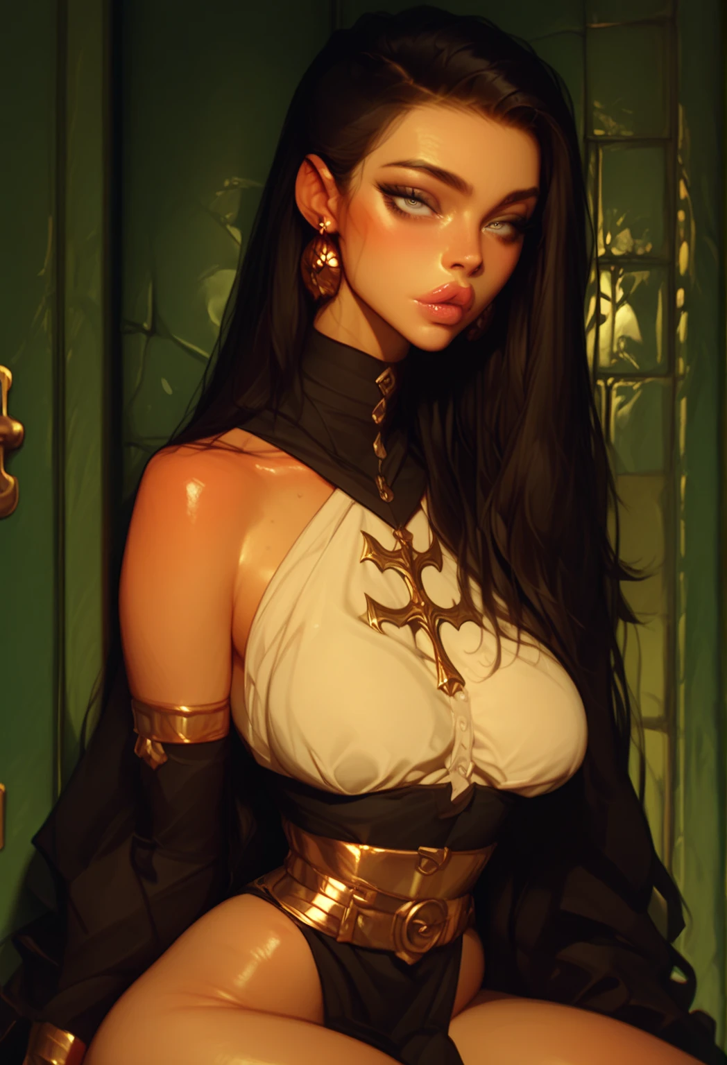 vibrant colors, 1 girl, masterpiece, sharp focus, best quality, depth of field, cinematic lighting, detailed outfit, anubis girl, anubis ears, red eyes, dark skin, cute, smile, medium black hair, egyptian outfit, golden egyptian jewelry, desert, pyramid, 