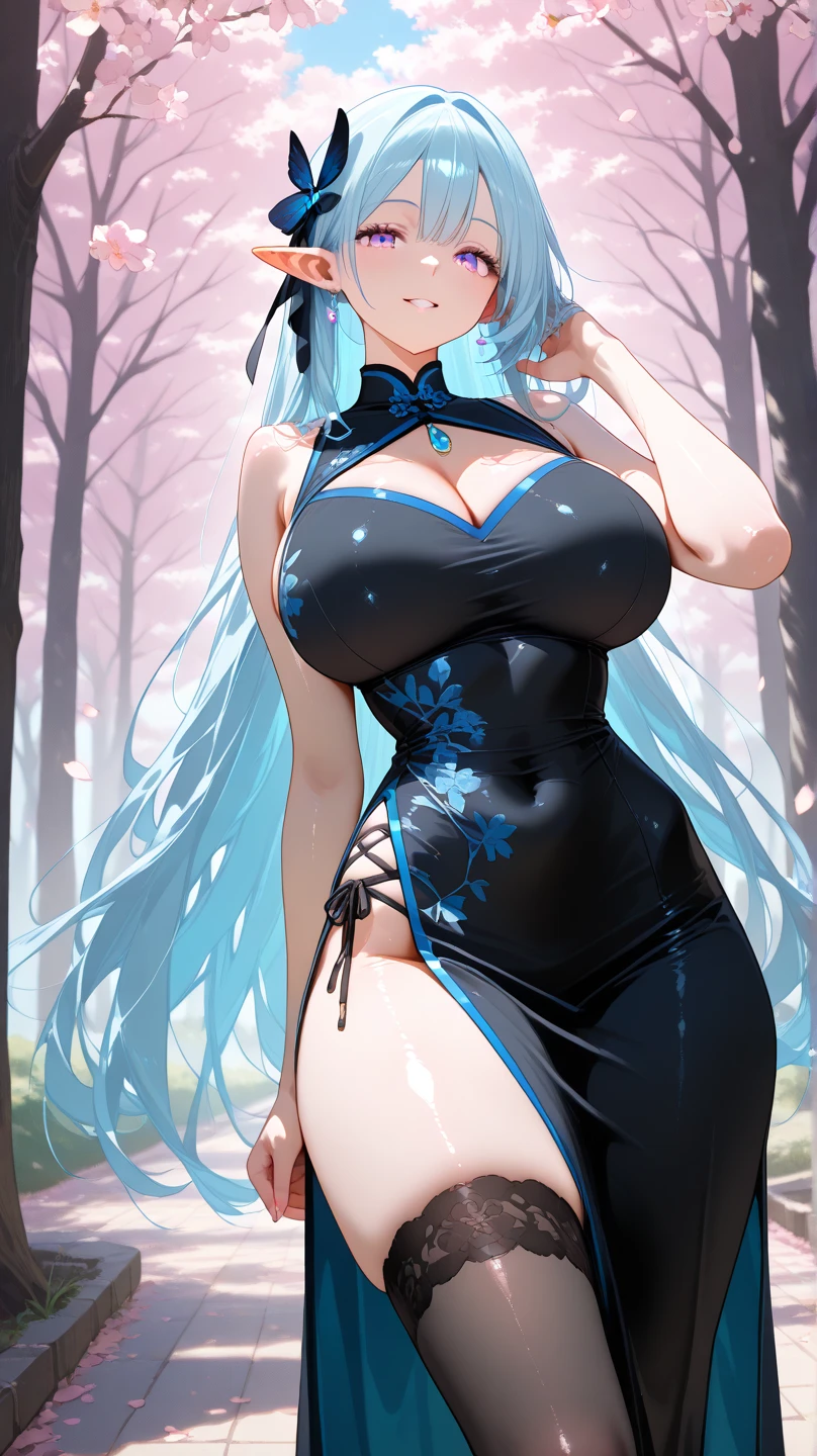realistic image, detailed image, coherent image, 1 beautiful elf, she has very long hair, black hair, turquoise eyes, smiling, She is wearing a dress, showing her legs, She has a curvy body, medium breasts and thick thighs , She is sitting, posing sensually, arching her back, sprouting breasts, full body view, view from above, flower petals falling around, background surrounded by flowers, Soft focus, Dramatic shadows, Volumetric lighting, natural lighting, illumination artificial, white background, soft background,bzyyzg \(manaka nemu\)