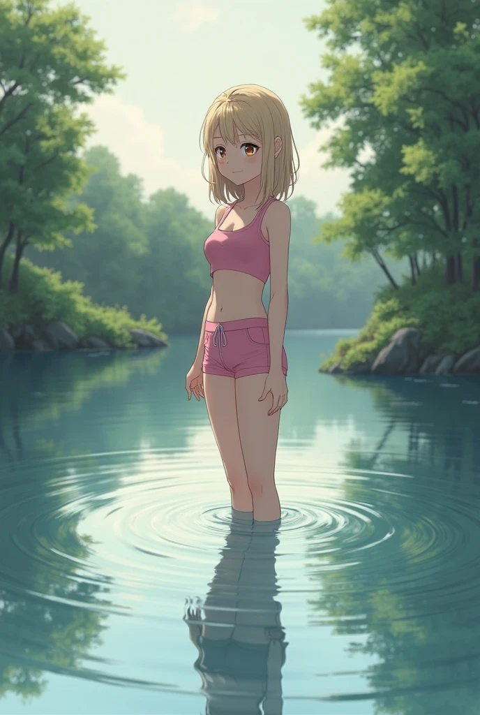 17 years old Women, ((Blonde)), ((Blue eyes)), ((Short hair)), ((Full shot)), very detailed makeup, pale pink lipstick, long earrings, bare shoulders, She is wearing a a red micro bikini, standing under a waterfall, the floor is wet