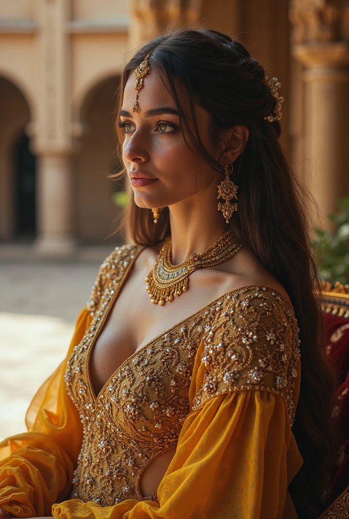 Masterpiece, upper body portrait, girl, middle ages, Yellowish saffron dress slik smooth Arabian style, classicism, andrey atroshenko style, painting, traditional media, realistic, head silver tiara with a single peacock feather adorned in it, with divine attributes, figurative, fine art, oil on canvas, HDR, 8K, original character, high resolution, high detail, focus on the face, intricate, flawless. The background should be a magical swirl few dust small white amber blue flower