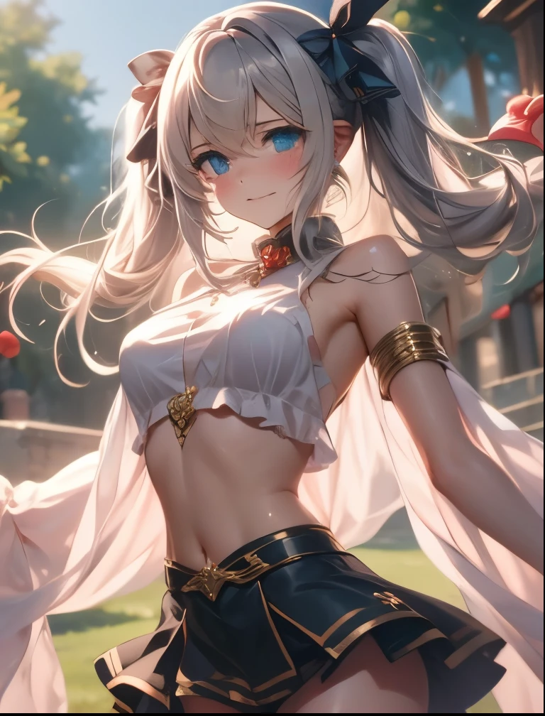Masterpiece,Best quality,offcial art,Extremely detailed Cg Unity 8K wallpaper,1girll, 超高分辨率, (Photorealistic:1.4), 1girll， perfect hand，delicated，Chest moles，White color hair，Sweaters，long sweater，Tight sweater，cleavage，Bright，grassy fields,（Very small nose，Cancel the nostrils，Cancel the nose），Delicate faces，ssmile，eyeline，Lower perspective