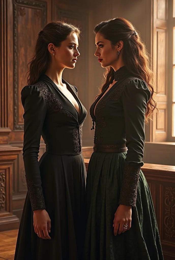Make my drawing realistic hot and sensual. Alicent hightower in green dress, Rhaenyra Targaryen in black red one
