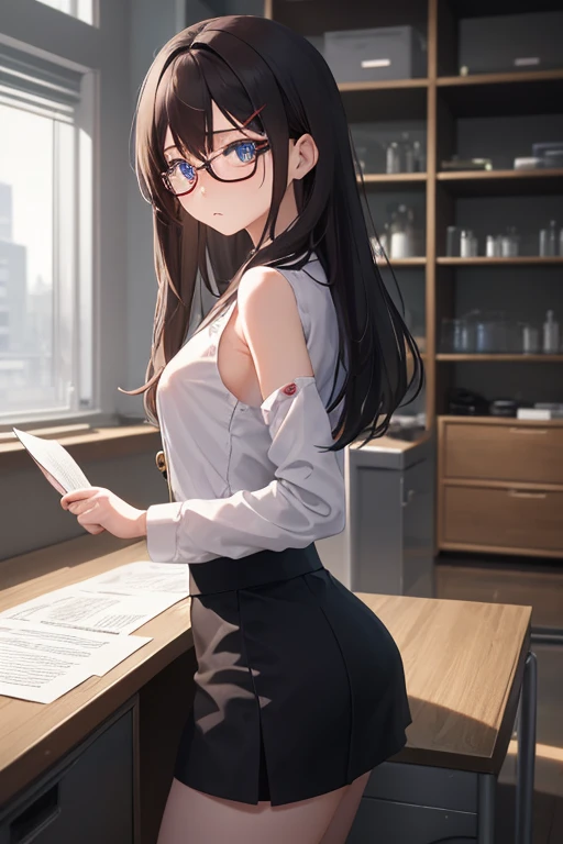 japanese, solo, large breasts, brown hair, pout,  (natural make:1.2), dynamic angle, high res, (photo realistic:1.2), (highly detailed:1.1), desk, Tight skirt , business suit, white shirt, office chair,(computer), detail brassiere, delicate background, bokeh, professional lighting, physically-based rendering), ((backshot)), slim, sexy, ((stick out butt)),
