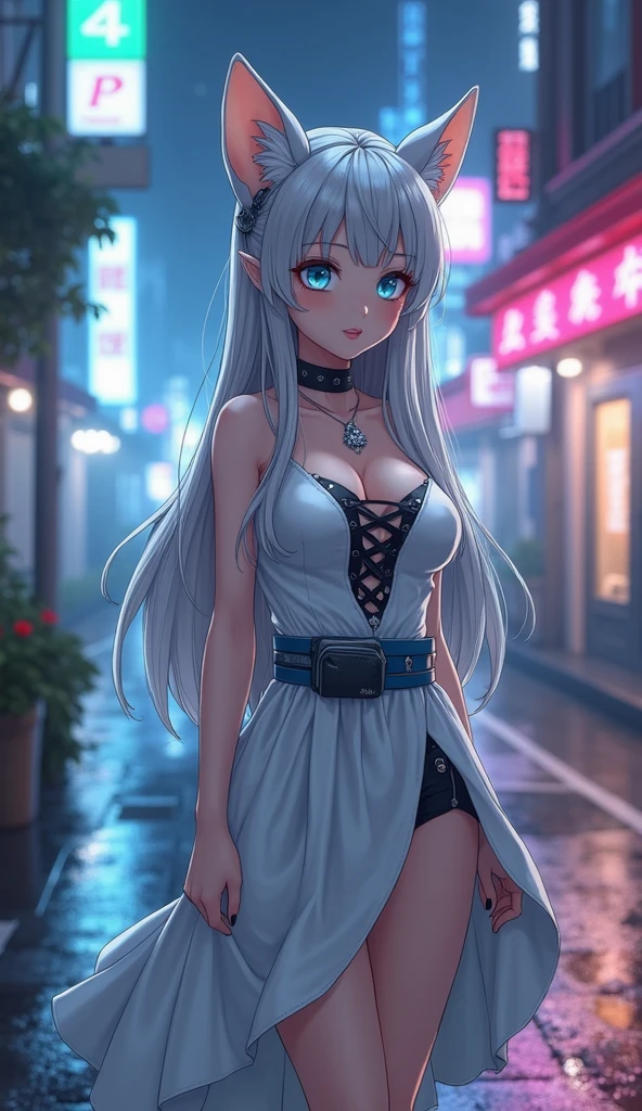dynamic angle, (1 girl), ((masterpiece, highest resolution,highest quality)), (beautiful illustrations),(Beautiful semi-long silver hair),(beautiful blue eyes), (White elegant see-through camisole),
(looking at the viewer),
innocent smile, white over knee high,lace chalk, Wristband, fingerless gloves, over knee high,
lace chalk, diamond necklace,Wristband, fingerless gloves, earrings, the wind is strong,cinematic lighting, red light district,night, neon,