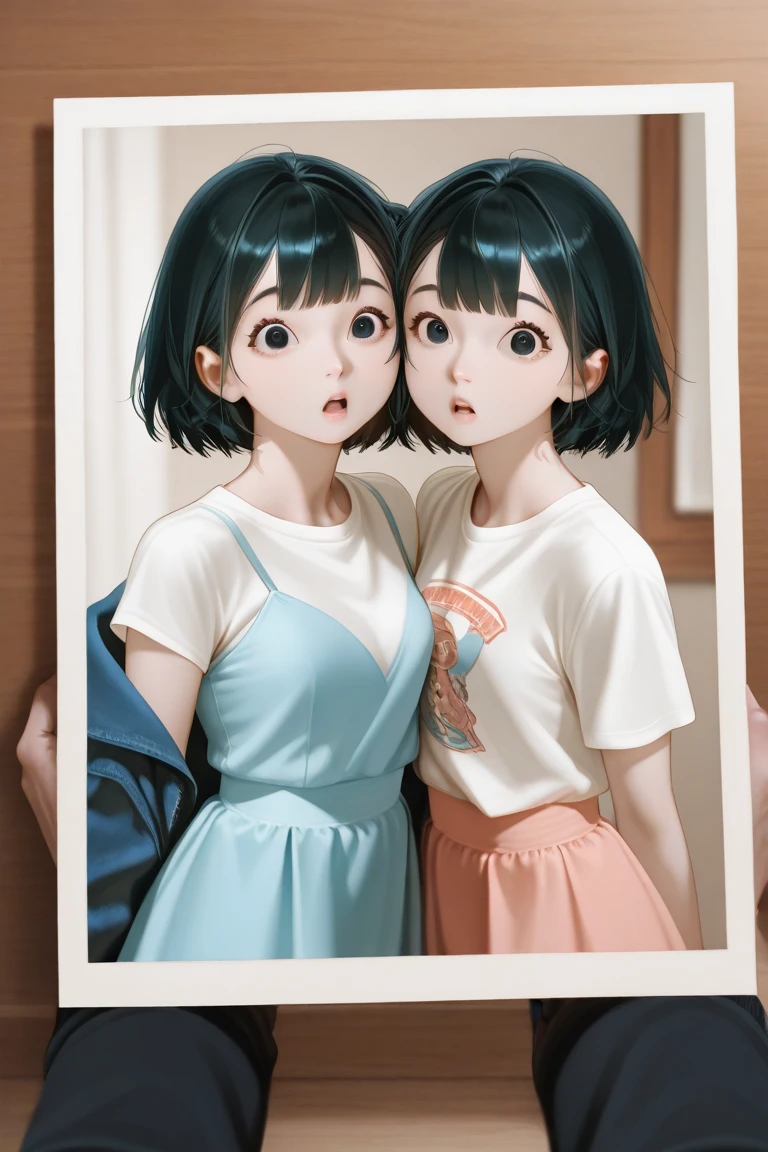 "A girl with short black hair, wearing an oversized band shirt and black pants." Wearing a bracelet, standing next to her sister with long blue hair and a black dress, in a room decorated in a snowy style., My elder sister is taller., You look happy., front camera, Realistic 1.4, 3d