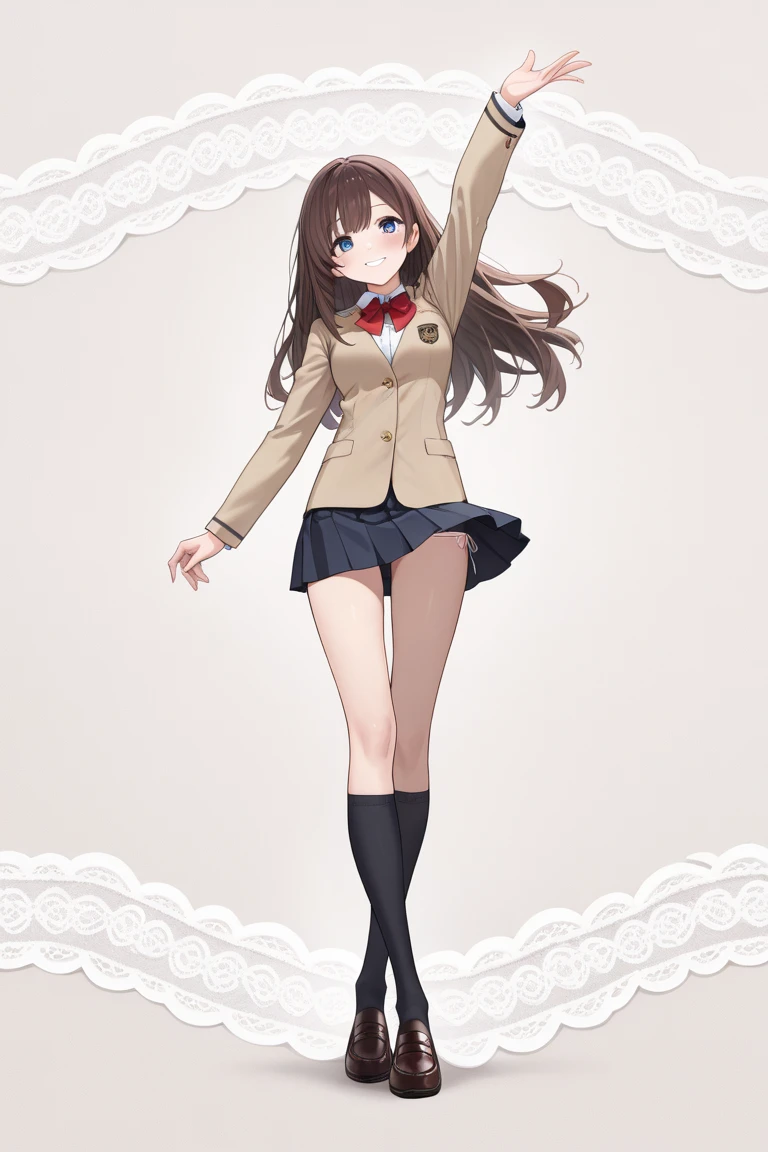 (white background:1.2), (best quality:1.3), (masterpiece:1.3), (full body:1.2), (solo:1.0), (a 17yo girl:1.0), (long skirt:1.3), (dark blue skirt:1.2), (pleated skirt:1.0), (school uniform beige blazer:1.3), (red necktie:0.9), (black socks:1.0), (loafers:1.0), (tall:1.2), (slender:1.1), (small breasts:1.1), (detailed beautiful eyes:1.0), (detailed beautiful face:1.0), (glowing black eyes:1.0), (long hair:1.0), (strait hair:1.0), (brown hair:1.0), (one's skirt lift:1.5), (floral pattern printed panties:1.2), (cotton panties:1.5)