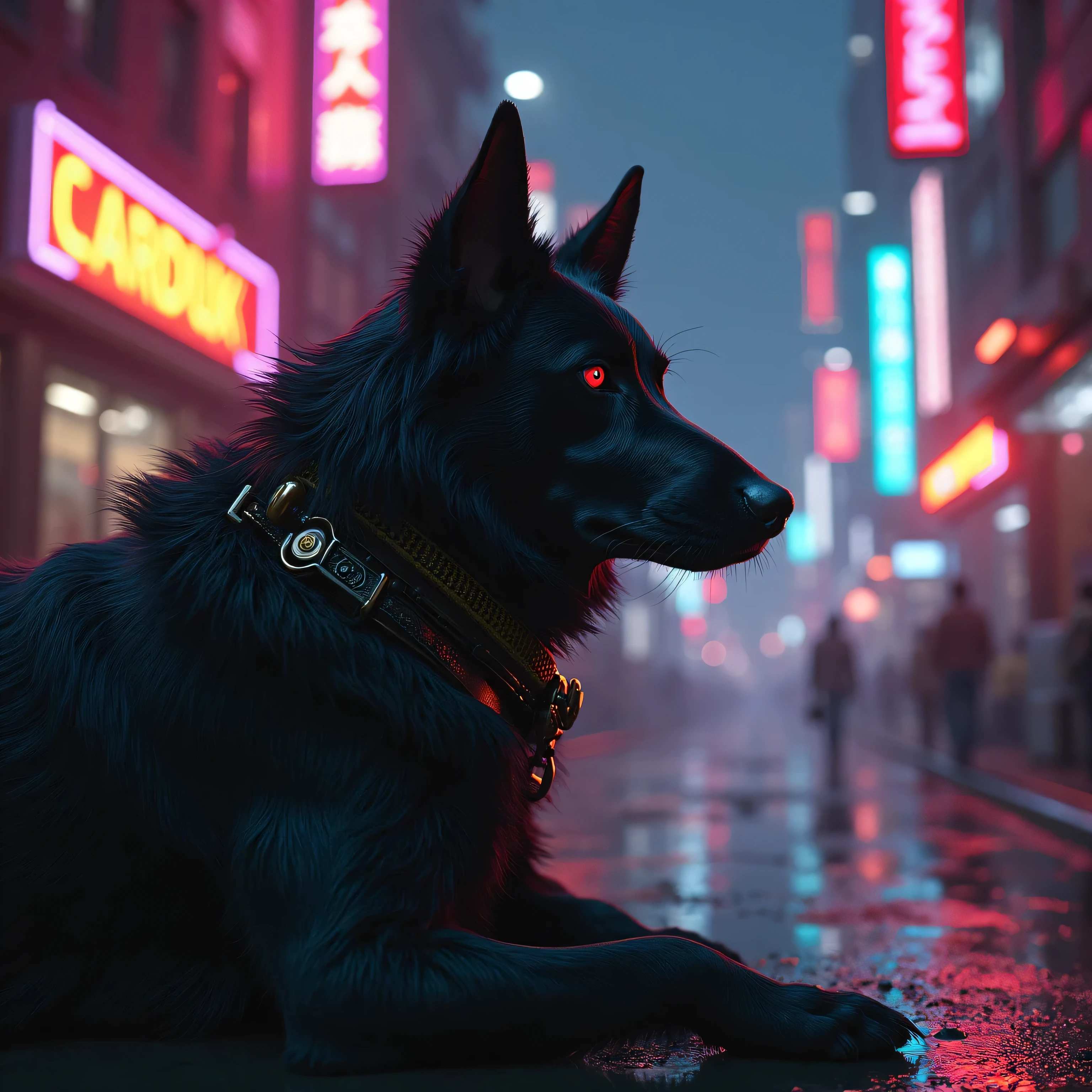 Wide-angle view,A dog walks down the street, strong, storm,Busy street view,Empty streets,Street light flickering,Neon skyscrapers,There is lightning in the sky, realistic, ultra realistic, lots of details