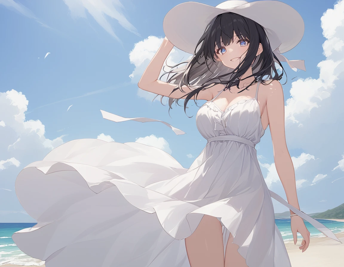 A mature woman, black hair, long hair, wearing a white dress, with exposed thigh, long white stockings, silver details on the dress, wearing a transparent wedding veil, red eyes, silver clip, silver bracelet, white heels, smiling, large breasts , ahoge hair, standing postured, perfect face, perfect eyes, on a rock in the sea, background sea, detailed rocks, daytime location with sky and clouds.UHD, masterpiece, accurate, anatomically correct, textured skin, super detail, high quality, best quality, 8k, high resolution, bokeh effect. (woman alone), facing, close view.