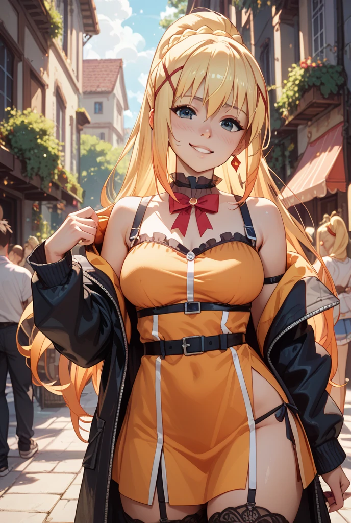 hight resolution, absurdres, best_Quality, Ultra_Detailled, 8K, extremely_clear, photo, beautiful, Beautiful face, Scharp Focus, HDR, 1girl, Clean eyes, very wide-eyed,ruined megacity background with much moss, hanabi, Beautiful face, very red areola, standing , very seductive pose, very young, no bra, bare chest, No Top, NSFW, Blond long hair with red ends, pierced ears, marin kitagawa