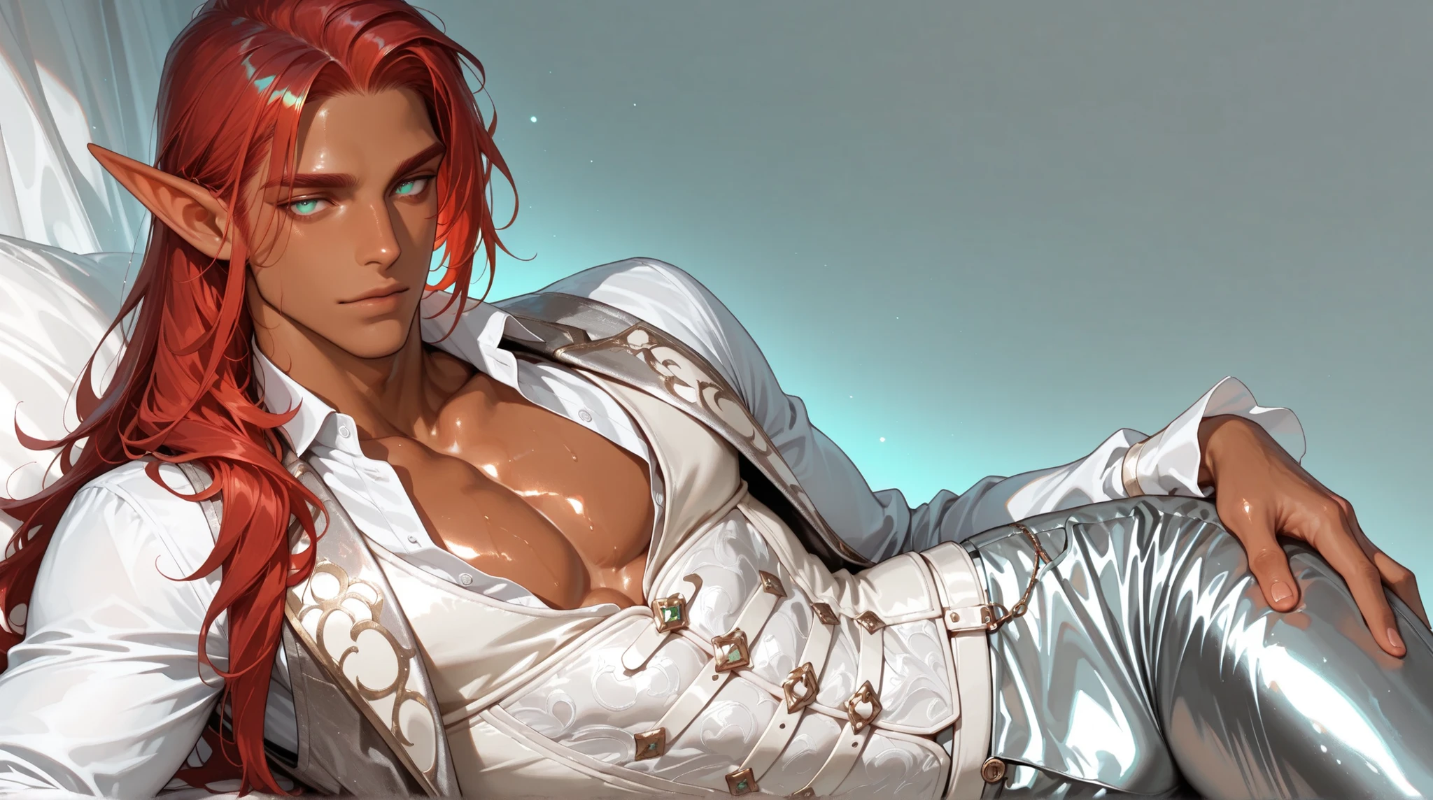 masterpiece, dark ambience, 1man:2, vampire, masculine, naked:2, wide face, angular jaw, attractive, masculine, beefcake, red hair:1.3, detailed eyes, beautiful eyes, upper body, lustrous skin, pale skintone, handsome, blue eyes, dimly lit, old castle, intricate, gold interior, earrings, jewelry, high quality